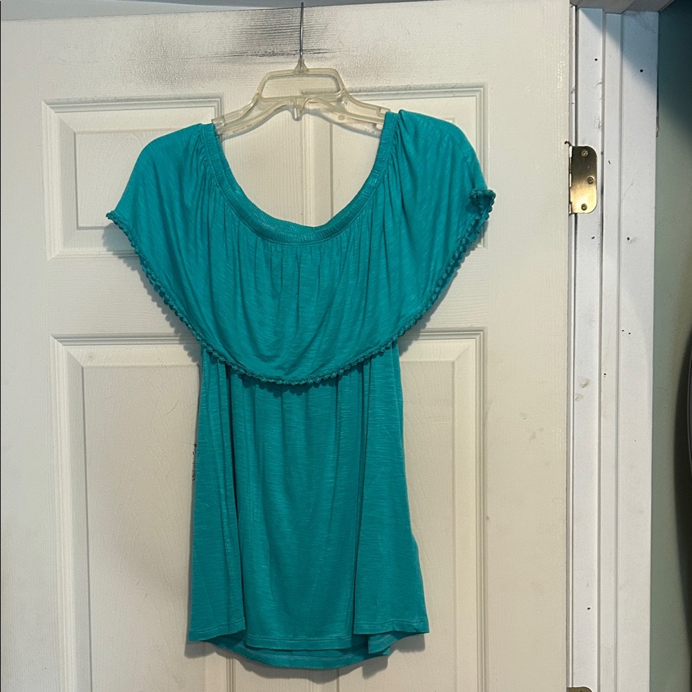 Rafaella On/Off The Shoulder Top with a Ruffled Overlay Pom Pom Trim Size Medium